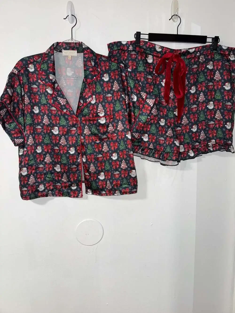 Simply Southern Christmas Santa Trees Bow Short Sleeve Pajama Set 2XL
